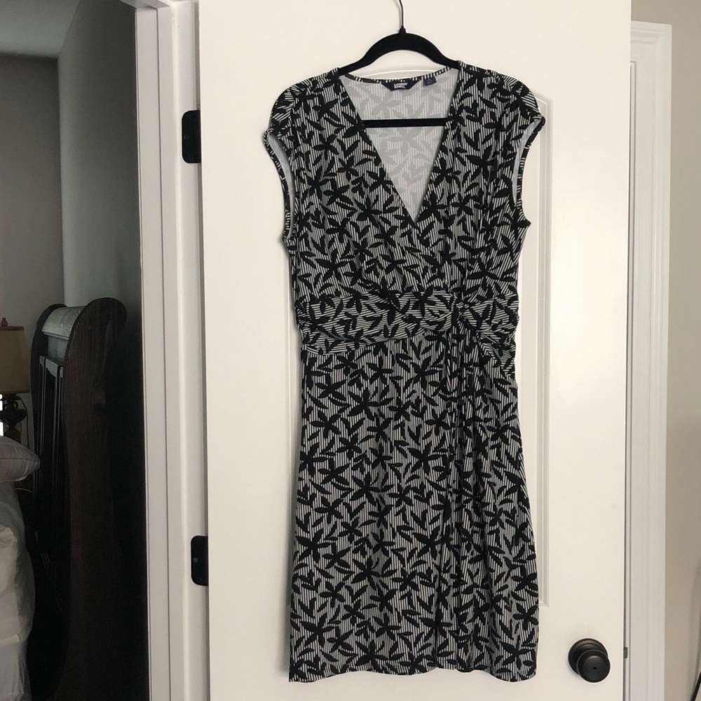Lands' End Black & White Floral-Print  striped Wrap style Dress L stretch L